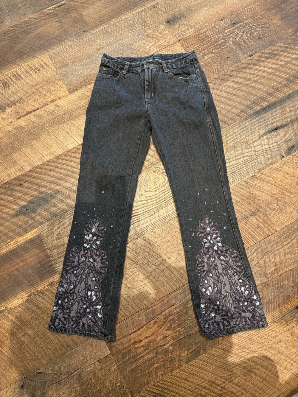 Y2K Embellished Black Bootcut Jeans Fairy Grunge Boho Goth Size 6